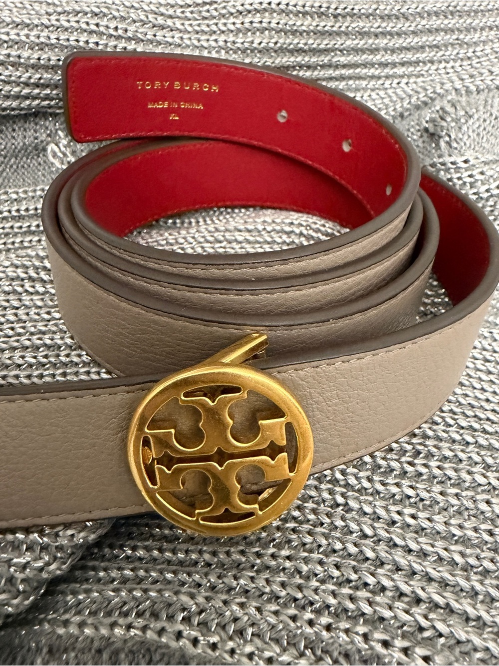 Tory Burch Taupe Leather Belt with Gold Logo and Red Interior